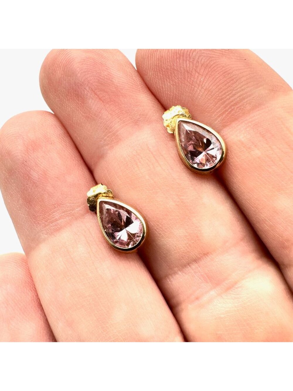 Womens Earrings 10K Gold Pink Cubic Zirconia Teardrop Studs Pierced